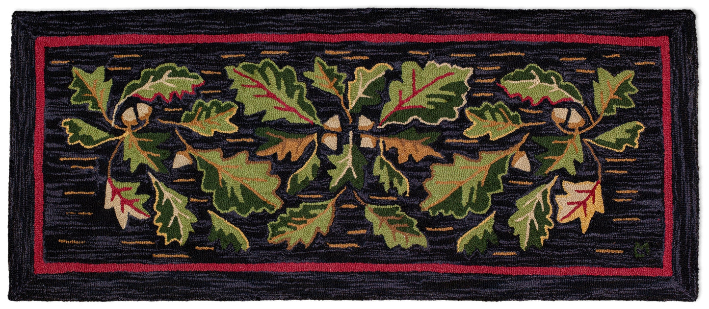 Hooked Wool Rug - Acorns And Leaves - 2.5' x 6' Runner