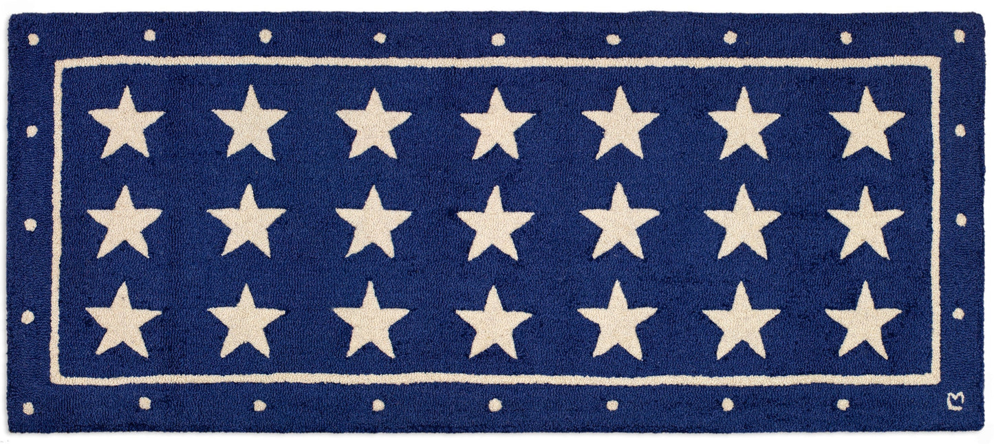 Hooked Wool Rug - Blue Stars - 2.5' x 6' Runner