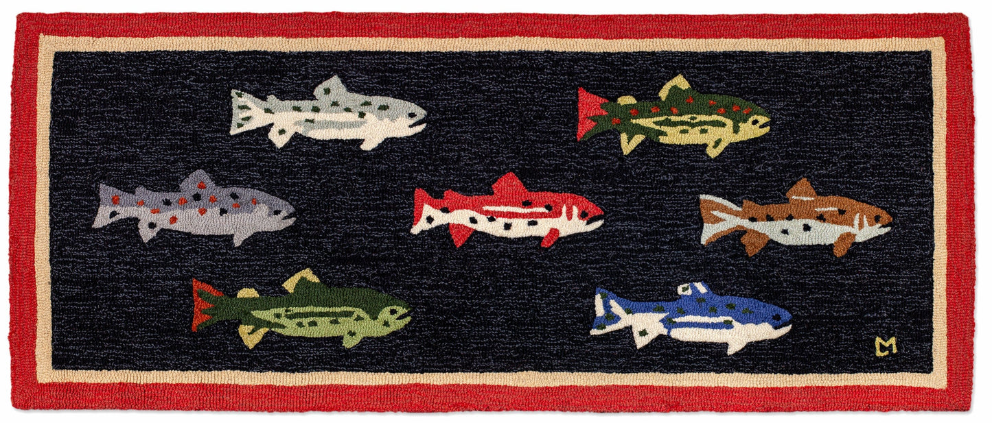 Hooked Wool Rug - River Fish - 2.5' x 6' Runner