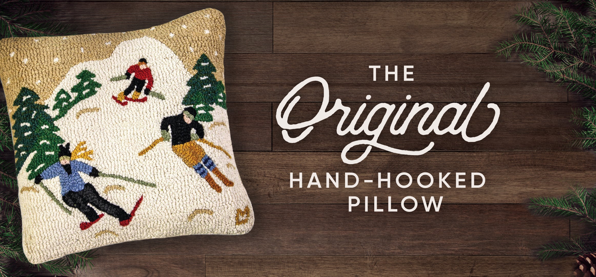 The Original Hand-Hooked Pillow - 3 people downhill skiing on a hand-hooked pillow