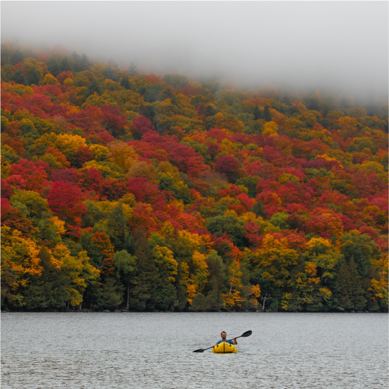 A kayaker pictured on a lake among fall trees in Vermont.