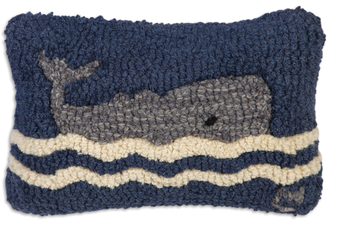 Whale in waves hooked wool pillow