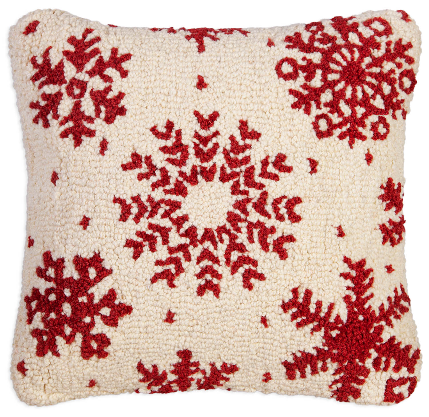 Chandler 4 Corners 18 Hooked Cabin Pillow, Frosty Flakes - Red / White , 18 x 18