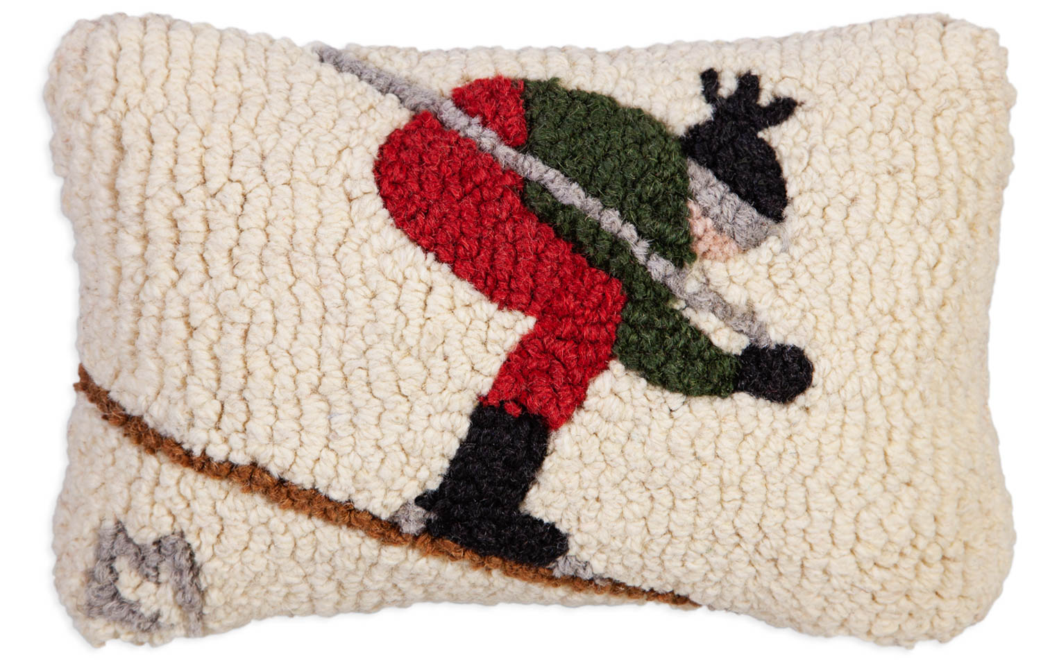 Downhill skier hooked pillow.