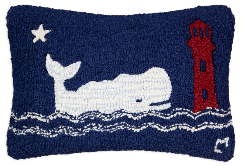 Whale Watch White Hooked Wool Pillow